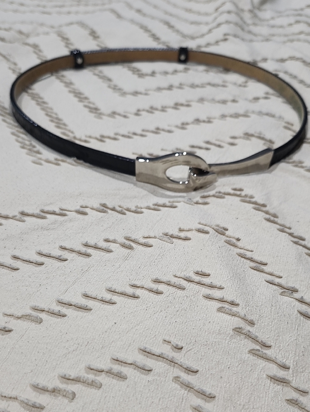 Slim Black Patent Leather Belt with Silver Horsebit Accent